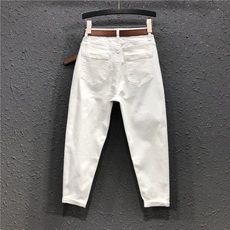 2022 Spring New Fashion Women High Waist Loose White Jeans All-matched Casual Elastic Denim Cotton Harem Pants S963