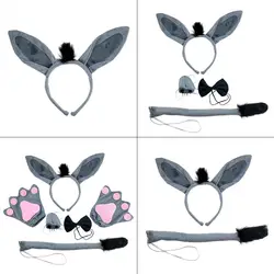 Festival Party Harige Ezel Hoofdband Haarhoepel Neus Staart Stropdas Handschoenen Set Volwassen Halloween Cosplay Hoofddeksels Cartoon Dierenhoofdband