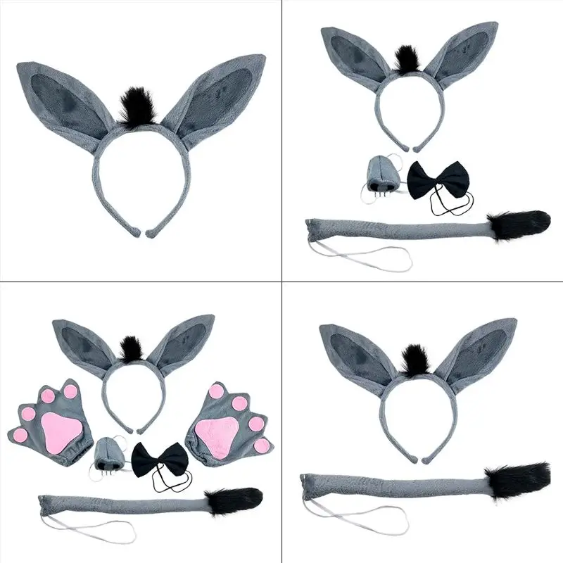 Festival Party Hairy Donkey Headband Hair Hoop Nose Tail Tie Gloves Set Adult Halloween Cosplay Headwear Cartoon Animal Headband