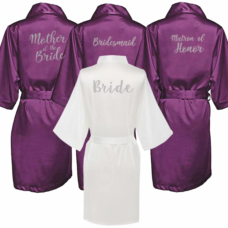 new purple robe silver writing mother of the groom robes wedding Short Bride kimono bridesmaid satin robe drop shipping