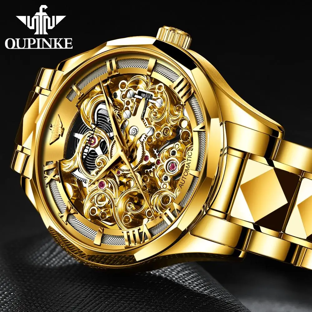 OUPINKE Gold Watches Men Skeleton Automatic Mechanical Wristwatch Luxury Top Brand Sapphire Mirror Tungsten Steel Montre Homme