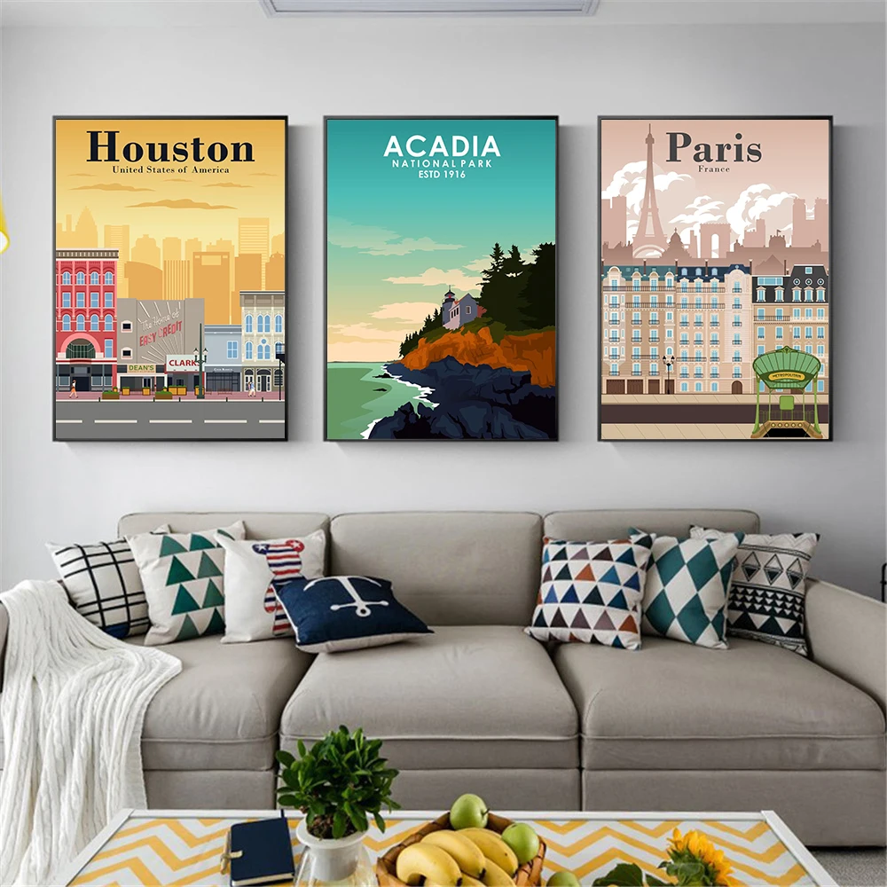 Hd Print Canvas Art Painting Paris Houston Prague Route Picture Vintage Travel Cities Landscape Posters Wall Art Home Decor