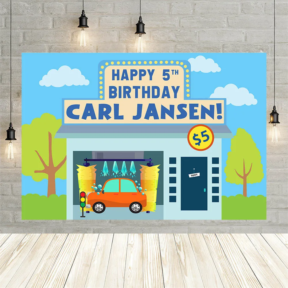 Avezano Car Wash Shop Backdrops Boy Happy 5th Birthday Blue Sky White Clouds Tree Photography Background Customizable Banner