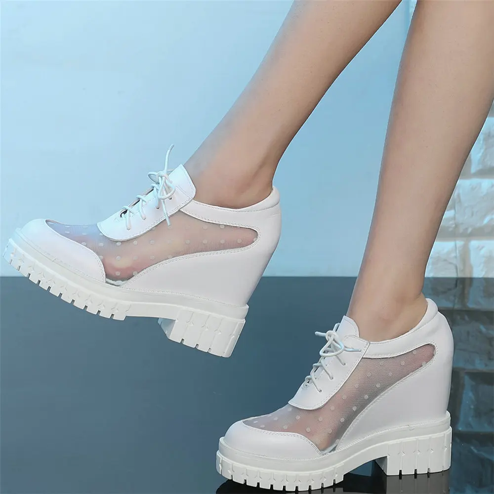 Casual Shoes Women Lace Up Genuine Leather Wedges High Heel Ankle Boots Female Round Toe Fashion Sneakers Breathable Lace Pumps