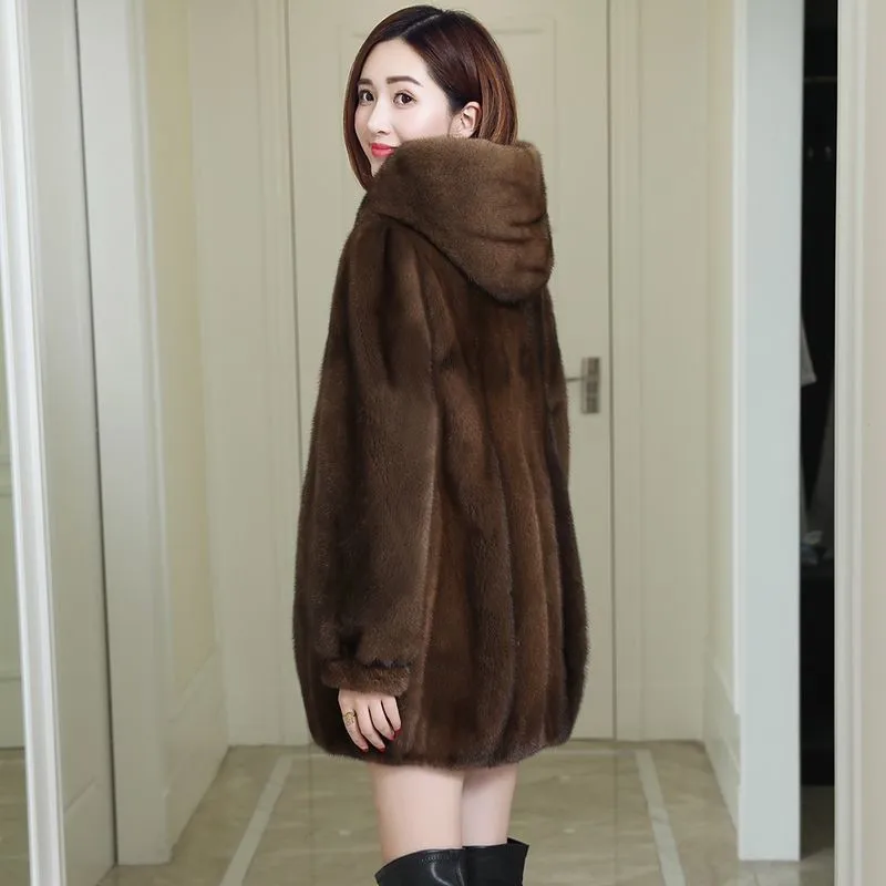 New 2023 Autumn Winter Imitation Mink Velvet Overcoat Women Thick Warm Outwear Hooded Mid Length Faux Fur Coat Female Parka  668