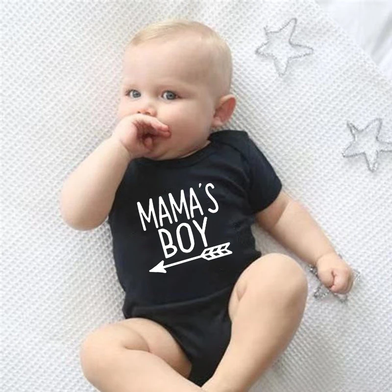 Mama and Mama\'s Boy Print Mom and Son Matching Shirts Casual Mother Son Black Cotton Tshirt Baby Boy Bodysuit