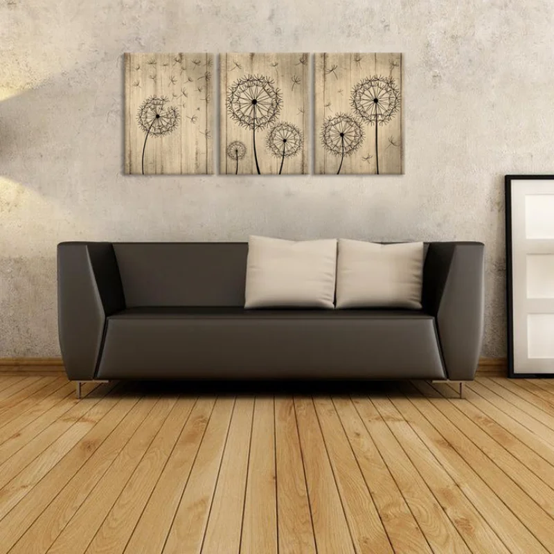 3 Piece Canvas Posters and Prints Dandelion Artwork on Vintage Wood Board Home Decor Poster Flower Print for Room Decoration