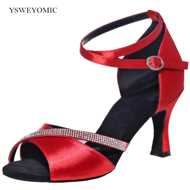 

Ballroom Latin Dance Shoes 2021 New Style Red White Black Satin Suede Outsole Meduim Heel 2inch Training Salsa Latin Dance Shoes