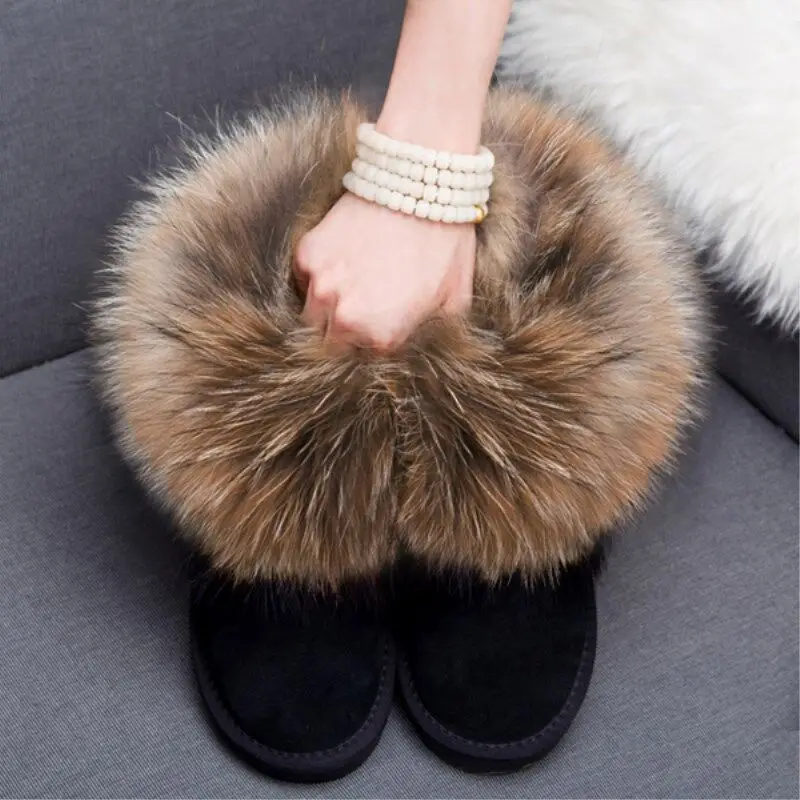 Genuine Leather Woman Ankle boots Customized Winter Women shoe Flats Real Fox -fur Warm Female Shoes snow boots Shoes for women