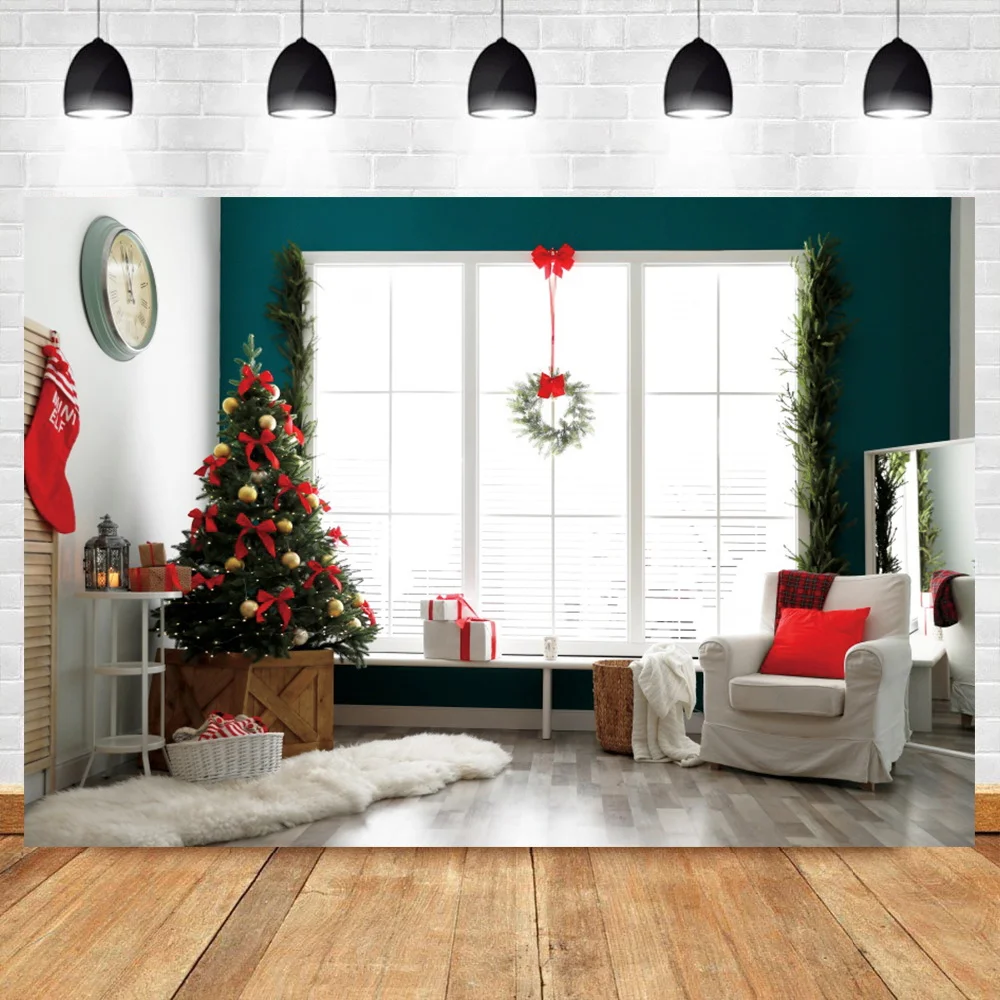 

Laeacco Christmas Tree Interior Background For Photography Sofa Wreath Wood Floor Child Photocall Backdrop Poster Photo Studio