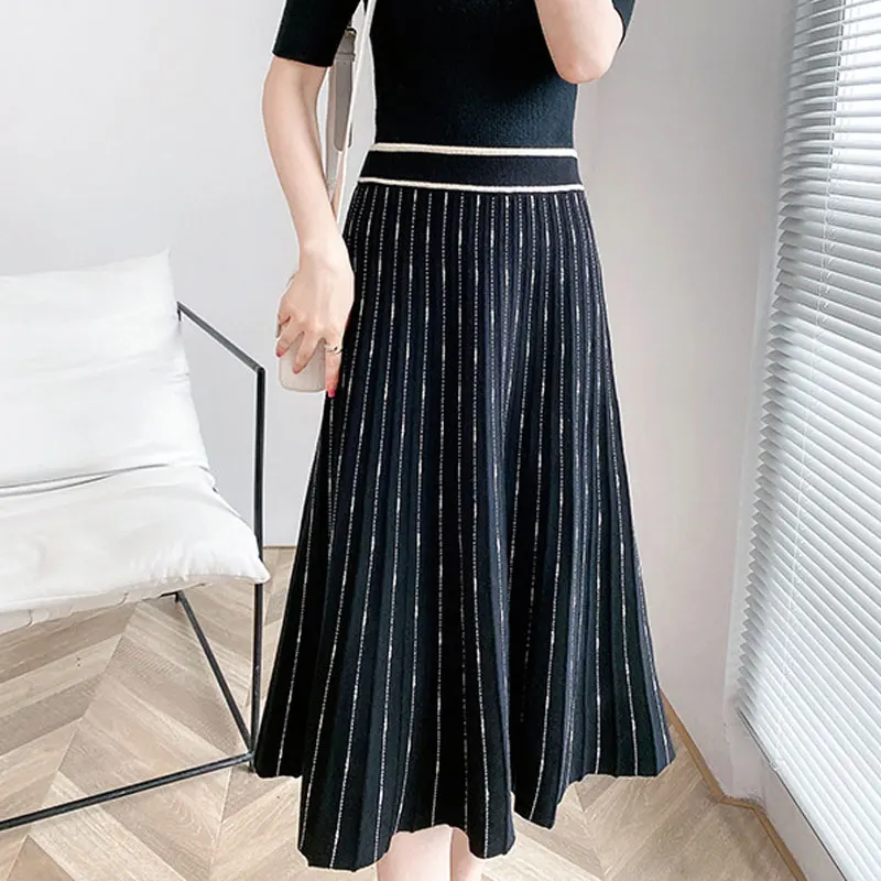 2021 Autumn Women A-Line Skirts Elastic High Waist Stripe Skirts Women Kintted Black Skirts Jupe Femme Saia Falda Mujer Outwear