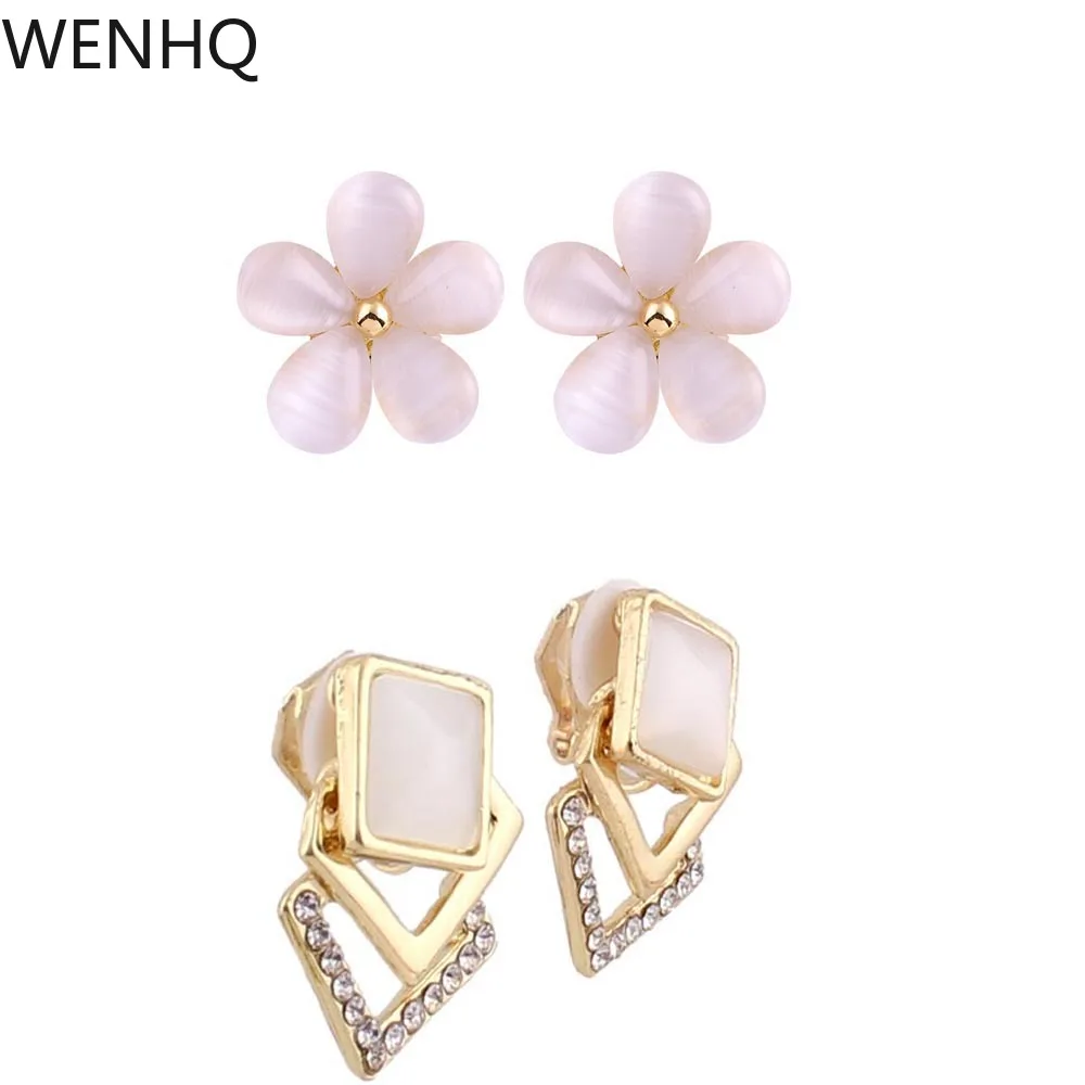 WENHQ New Arrival Gold-Stone Opal Flower Shape Clip on Earrings Women Party Birthday Fashion Jewelry No Pierced Earring Ear Clip