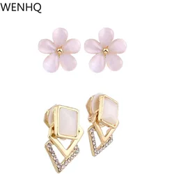 WENHQ New Arrival Gold-Stone Opal Flower Shape Clip on Earrings Women Party Birthday Fashion Jewelry No Pierced Earring Ear Clip