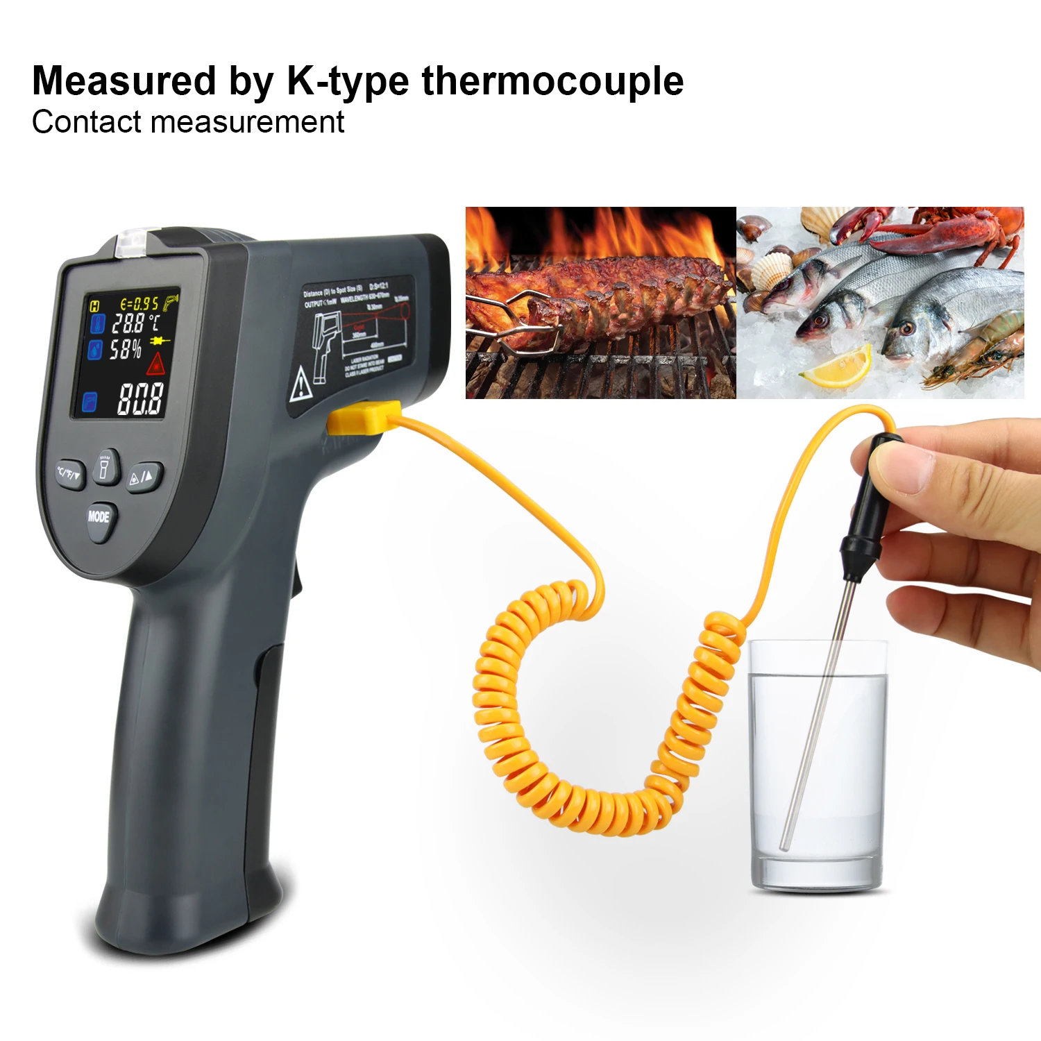 Digital Pyrometer K Thermocouple Infrared Thermometer Color Screen Temperature Gun Temperature/Humidity NCV Measurement