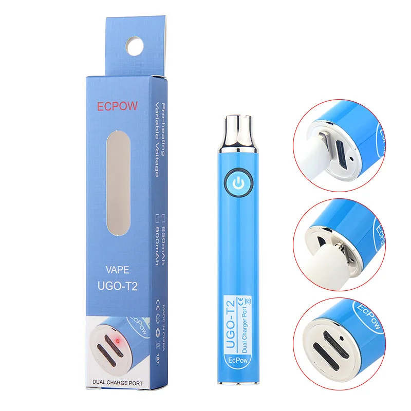 UGO-vaporizador T2 de doble puerto, 2 piezas, auténtico, carga USB, 650, 900 mah, precalentamiento, Evod, voltaje Variable, batería de 510 hilos