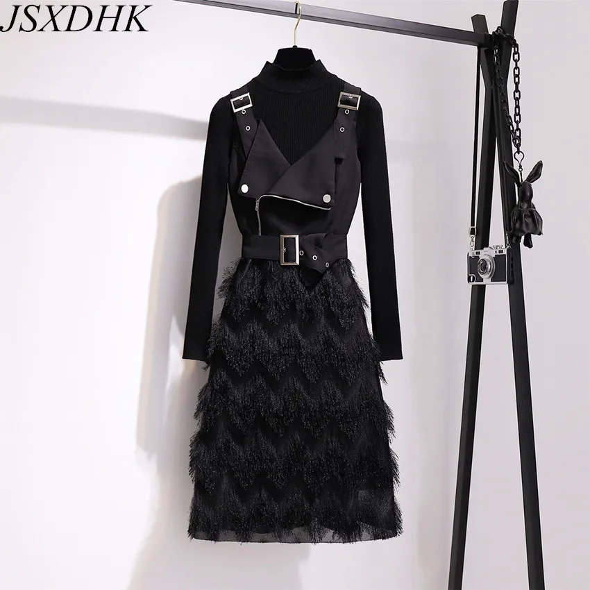 

2023 New Autumn Winter Skirt Suits Women Stand Collar Knitted Black Sweater + Sling Dress Patchwork Tassel Fashion 2 Piece Set