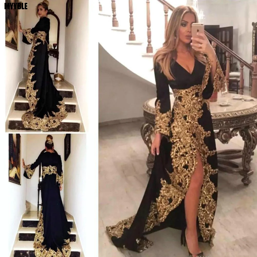 MYYBLE Black V Neck Long Sleeves Evening Dresses 2020 New Arrival Gold Appliques Holiday Wear Formal Party Prom Gowns Plus Size