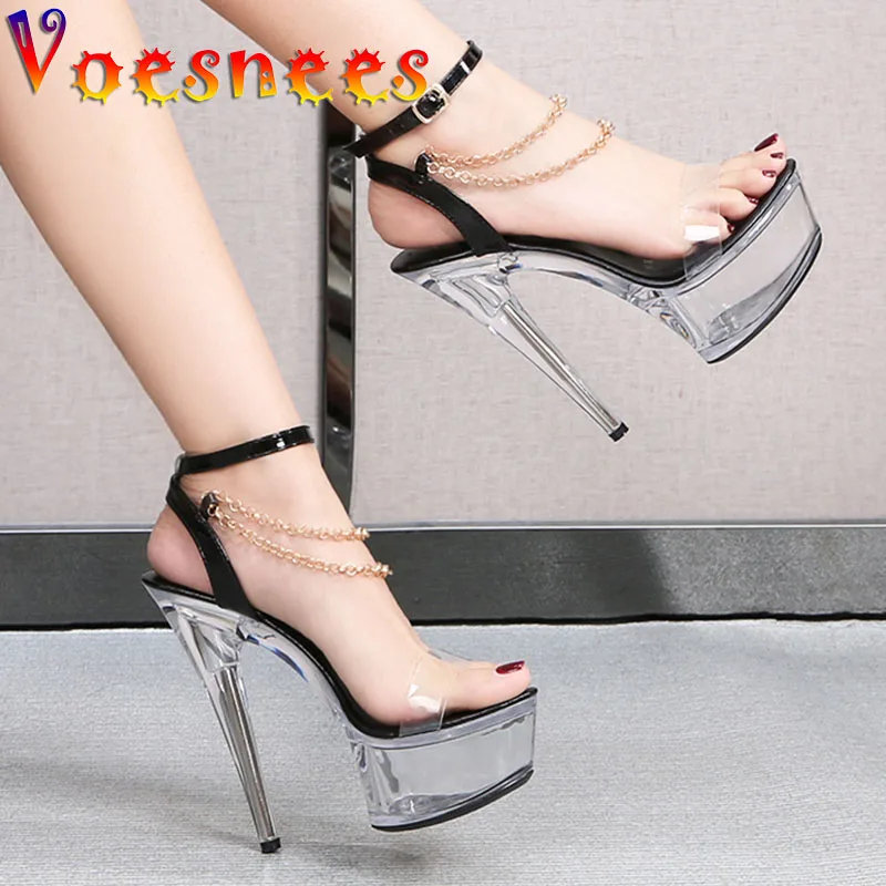 Voesnees Transparent Women Stiletto Shoes 2021 Sexy Chain Design Crystal Heel Ladies Shoes Hyaline Platform Hentian High Sandals