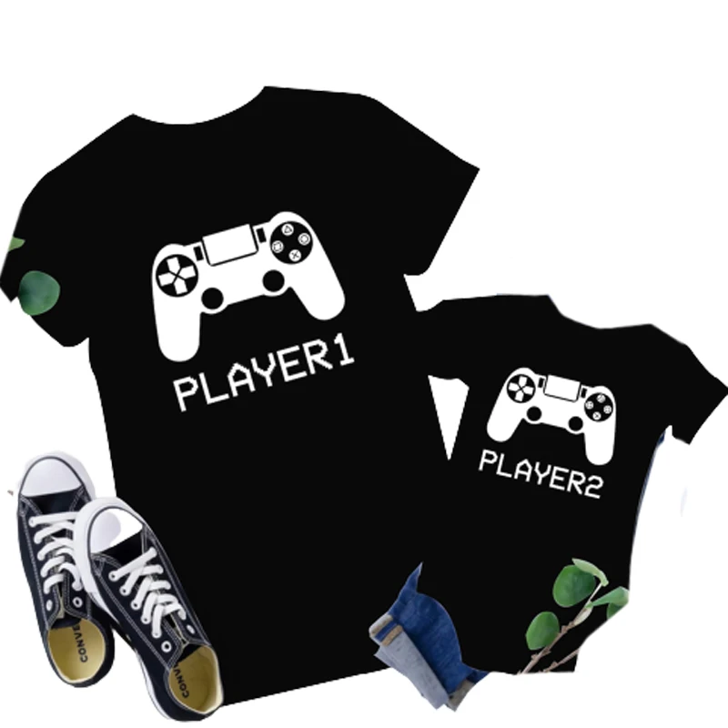 Family Matching Clothes Player 1 Player 2 Funny Father Son Look Tshirt Summer Short Sleeve T-Shirt For Daddy Baby Bodysuit 1pc