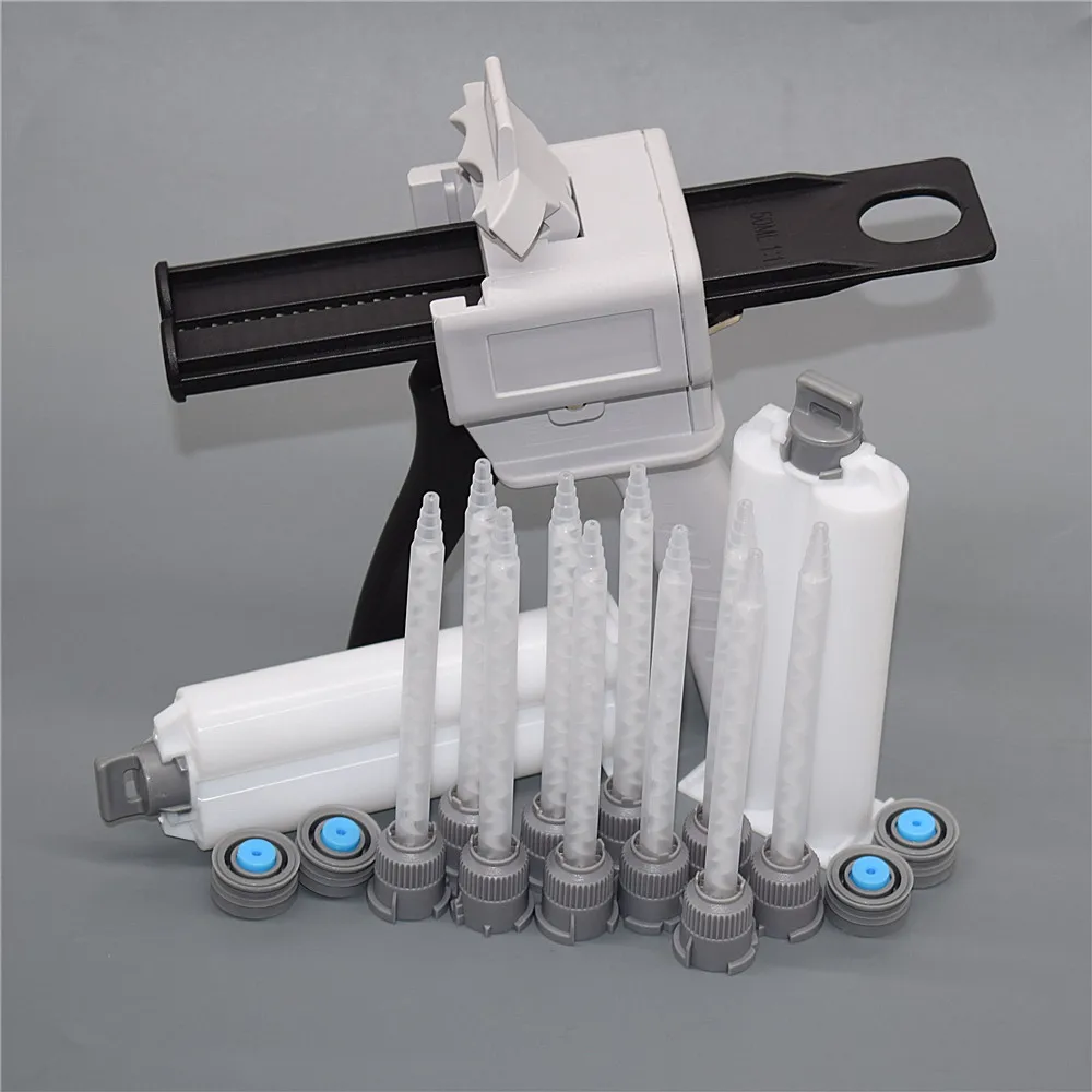 2 pezzi 50ml 1:1 Set di cartucce vuote a doppia canna e 1:1 pistola per colla AB 50ml pistola per calafataggio con 10 pezzi 111mm 1:1 ugelli di miscelazione statici