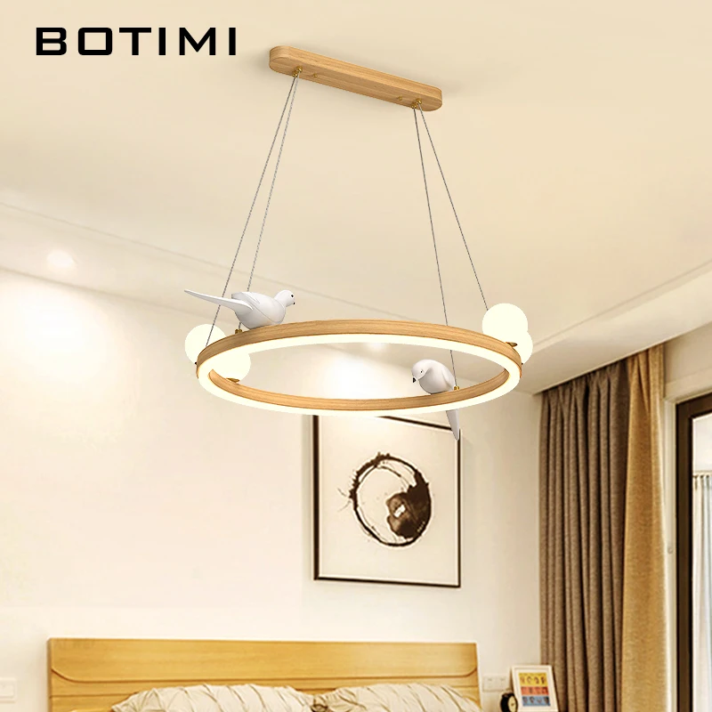 BOTIMI Round LED Chandelier With White Birds For Living Room Wire Hanging Round Lustres Suspension Dining Lighting Fixtures