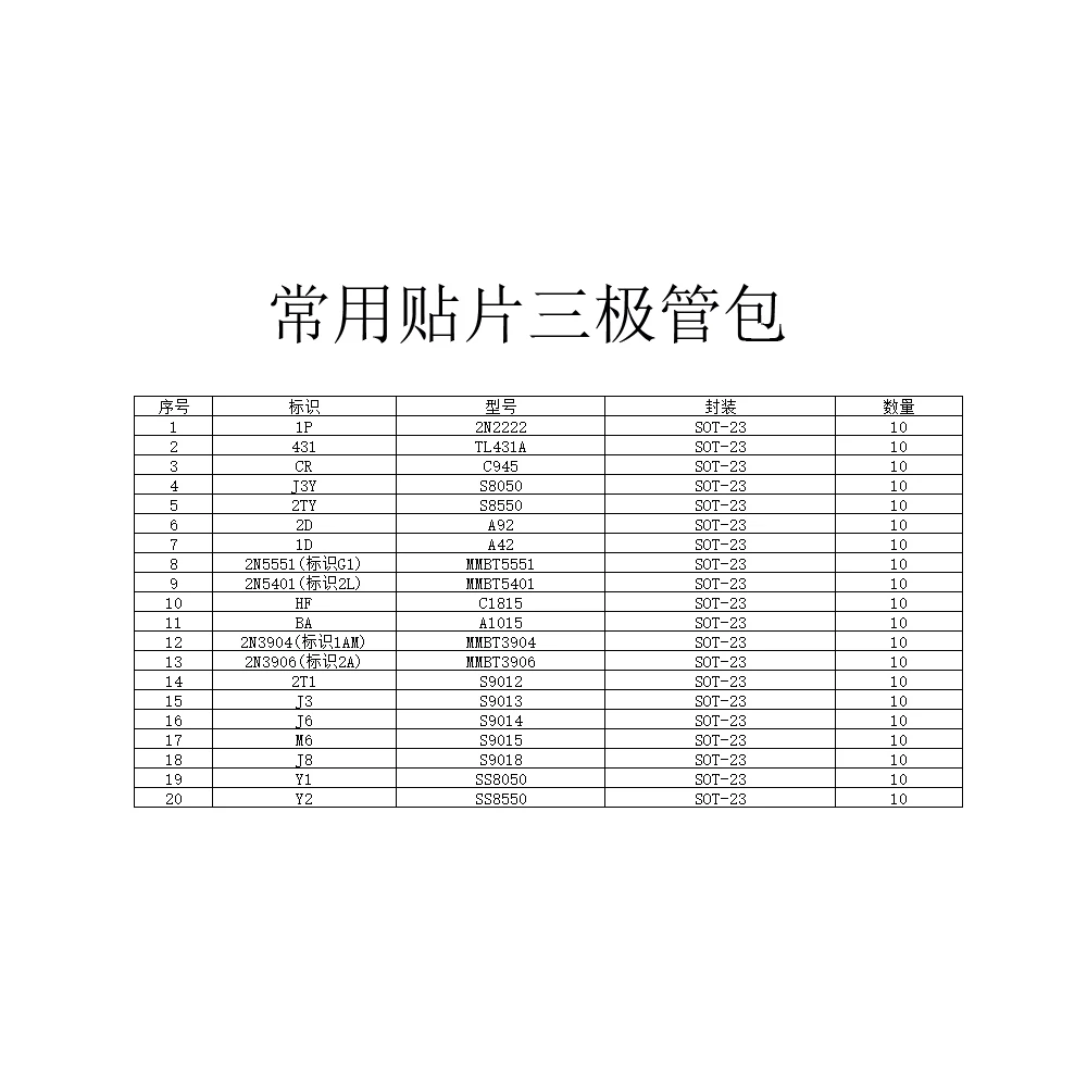 200pcs 20 Kinds Of Values Chip Transistor Assortment Kit 2N2222 S8050 S8550 S9014 S9015 S9018 TL431 C945 A1015 C1815 A42 A92