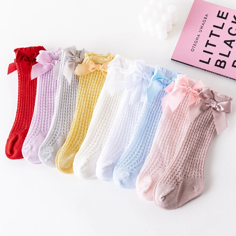 Summer Baby Girls Socks Toddlers Bow Long Sock Kids Knee High Soft Cotton Mesh Spanish Style Children 0-2 Years Breathable Socks