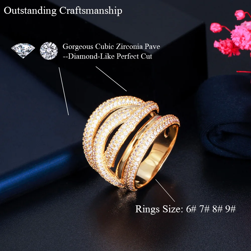 Pera Luxury 585 Gold Color Micro Full CZ Stone Pave Setting Geometry Shape Bridal Engagement Rings Wedding Bands for Brides R164