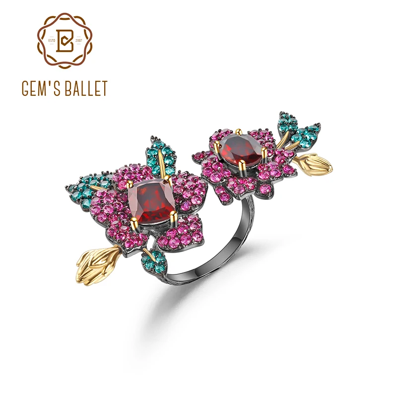 GEM'S BALLET Natural Red Garnet Double Flower Handmade Rings For Women 925 Sterling Silver Adjustable Open Ring Secret Garden