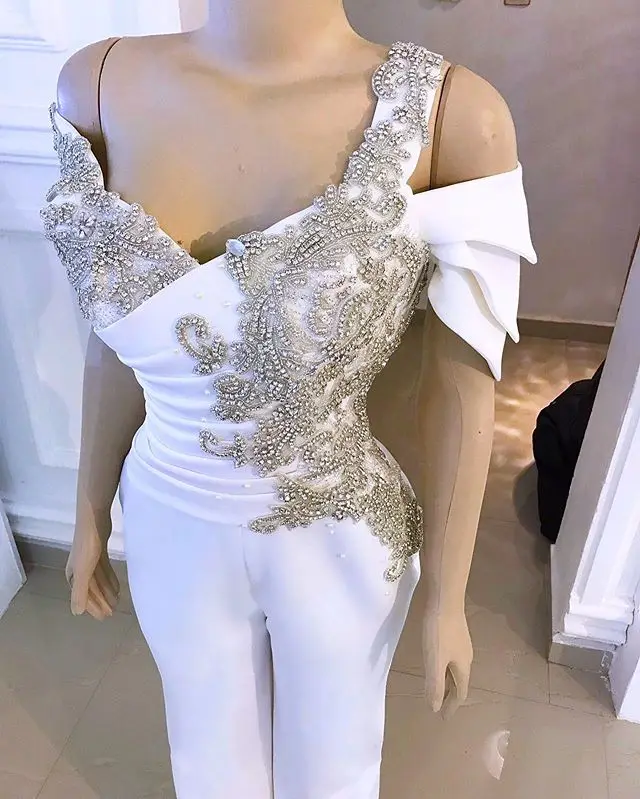 Mono de Fiesta blanco con detalles de cristal y cola de Peplum lateral desmontable, traje de noche de sirena con hombros descubiertos, pantalón, 2022