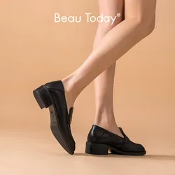 BeauToday Penny Loafers Women Genuine Cow Leather Square Toe  Slip-On Style Mid Heel Office Lady Casual Shoes Handmade 21608