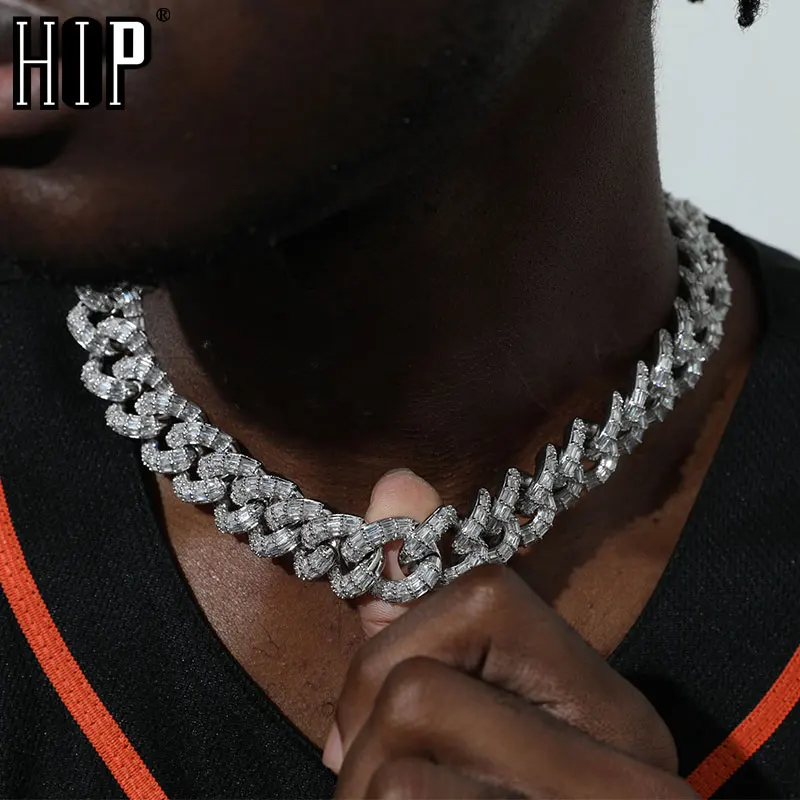 Hip Hop 21MM 3 Row Baguette Cuban Chains Bling Iced Out CZ Setting AAA+ Cubic Zirconia Box Buckle Necklace For Men Jewelry