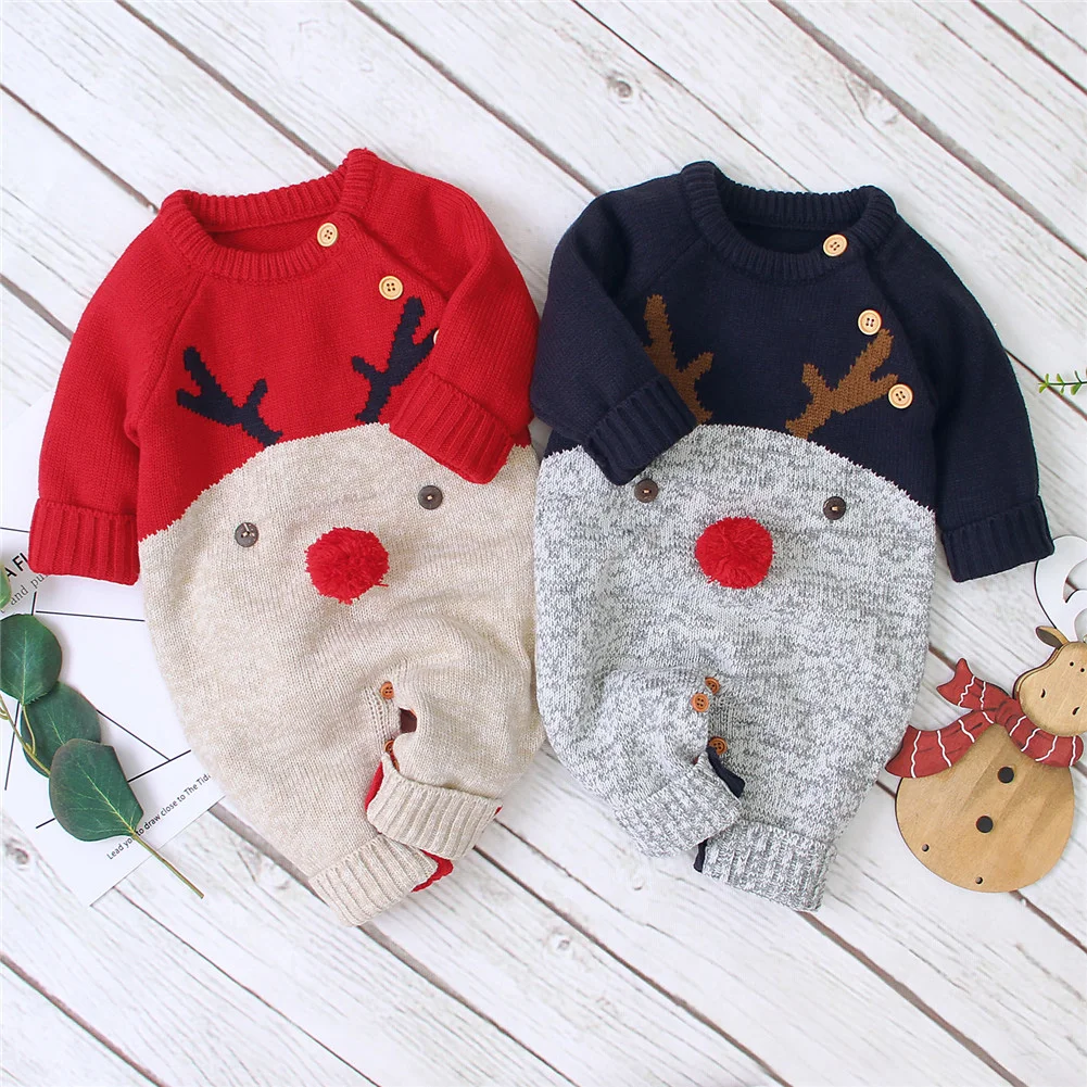 0-2Y Baby Boy Girl Christmas Rompers Reindeer Knitted Infantil Jumpsuits Xmas New Year\'s Costume Winter Warm Wool Baby Clothing