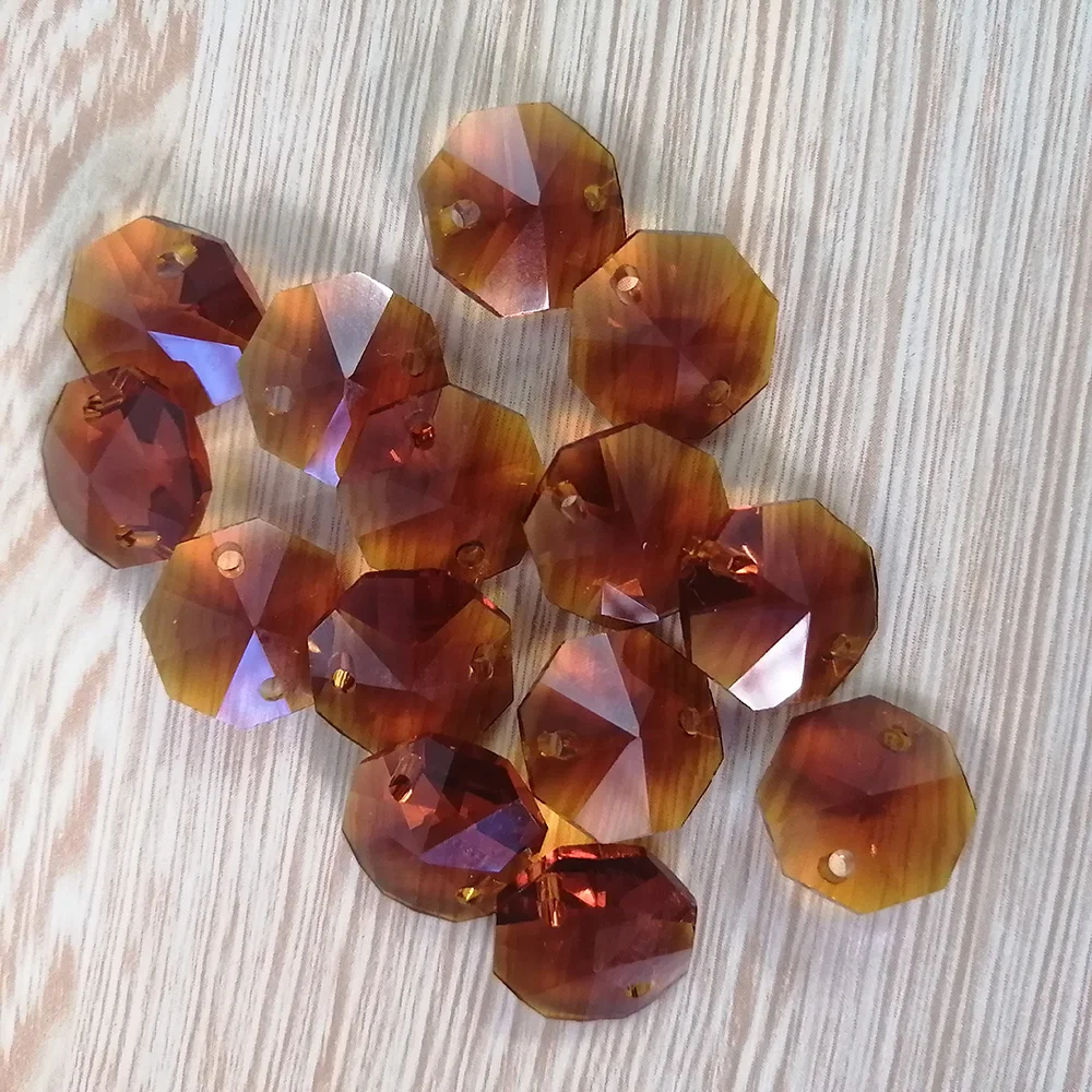 Camal 20pcs Amber 14mm Crystal Octagonal Loose Bead Two Holes Prisms Chandelier Lamp Parts Wedding Centerpiece