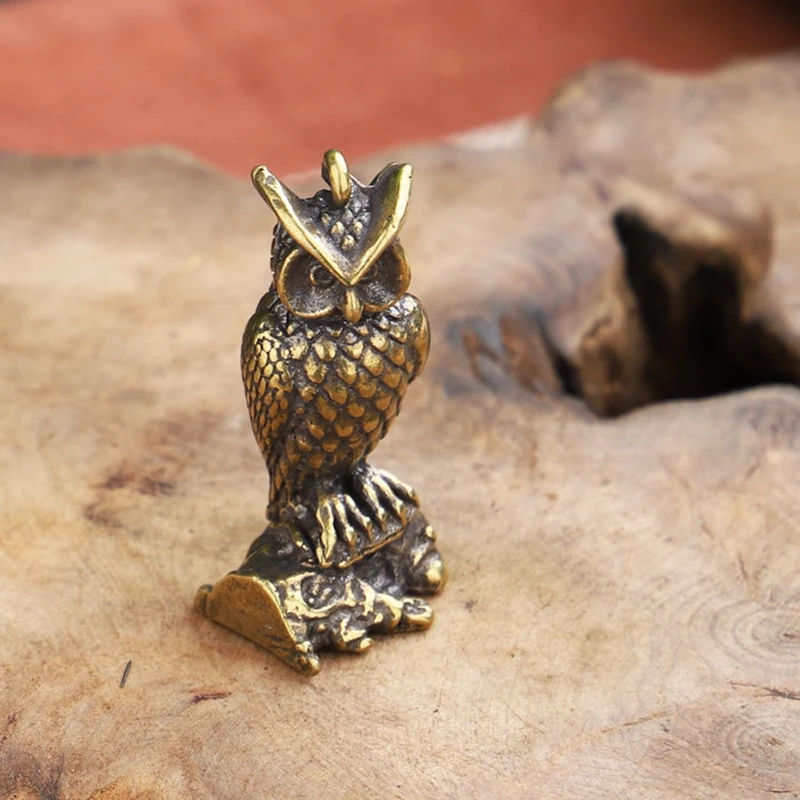 Antique Solid Brass Standing Owl Miniature Figurines Retro Copper Animal Tea Pet Desktop Ornament Decor Crafts Keychain Pendants