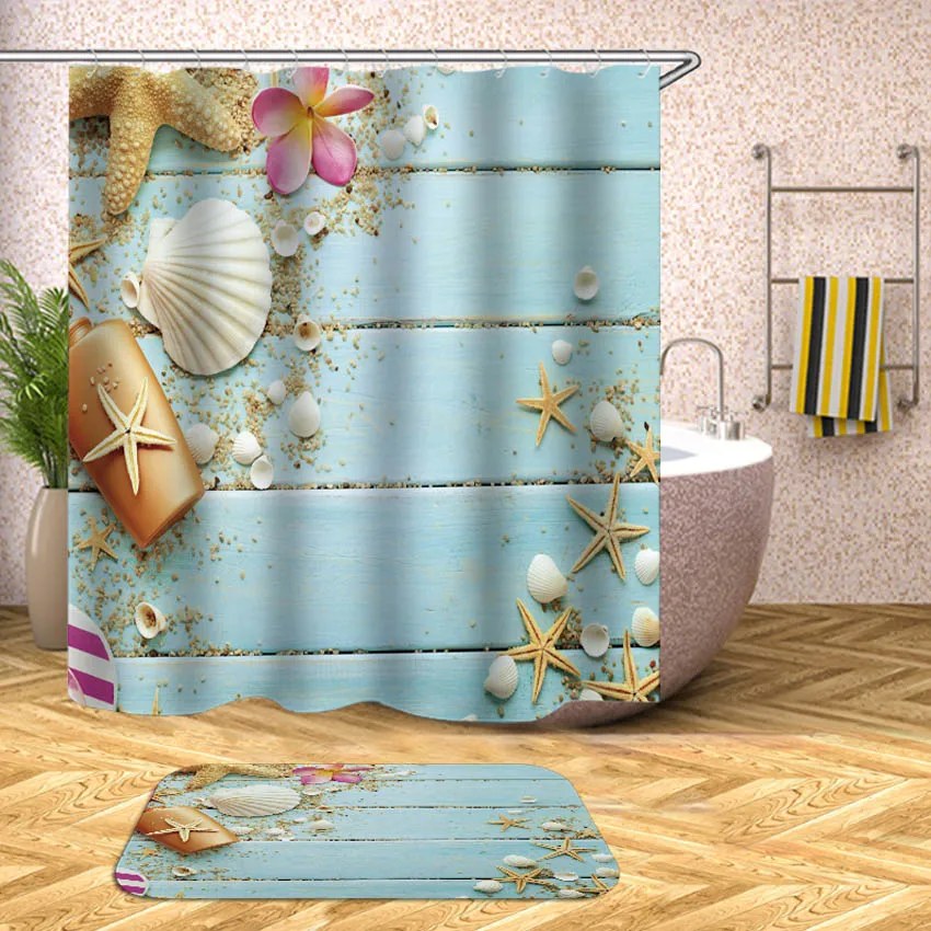 Beach Shell Sea Waterproof Shower Curtain Printed Bath Curtains for Bathroom Bathtub Bathing Cover Extra Large Wide 12pcs Hooks