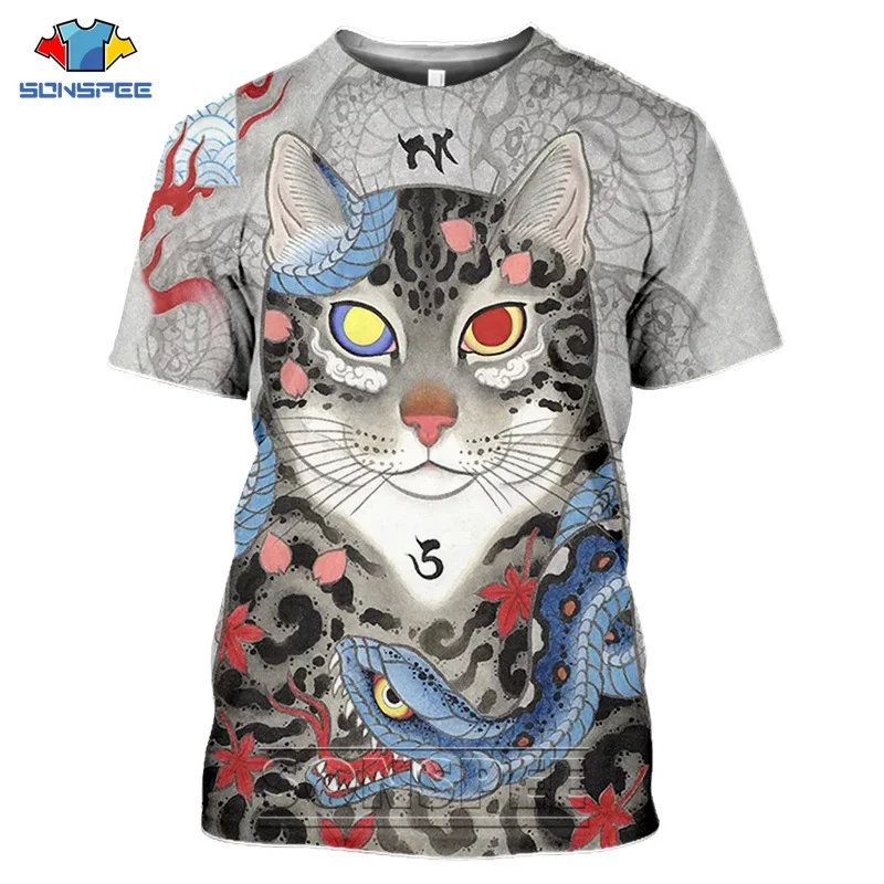 

SONSPEE 3D Print Japanese Tattoo Samurai Graphics Cat Men's T-shirts Funny Tee Shirts Women Summer Casual T Shirts Tops Clothing