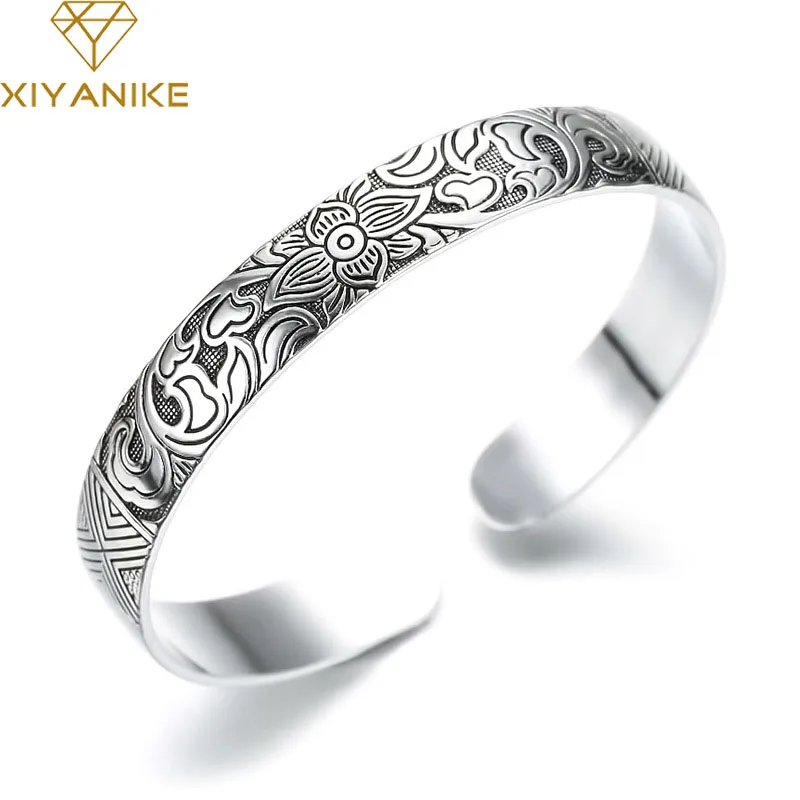XIYANIKE New Fashion Silver Color Cuff Bracelet Charm Women Vintage Lotus Flower Religious Party Jewelry Adjustable