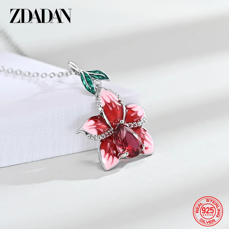 ZDADAN 925 Sterling Silver Flowers Water Drop Ruby Ring Earrings Necklace Set For Women Wedding Jewelry Gift