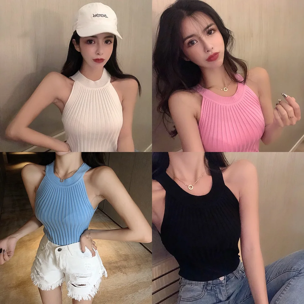 Stretchable Knit Halter Collar Crop Camis Tops Summer Women Solid Sexy Simple Slim Camisole Tank top Shirt For Female