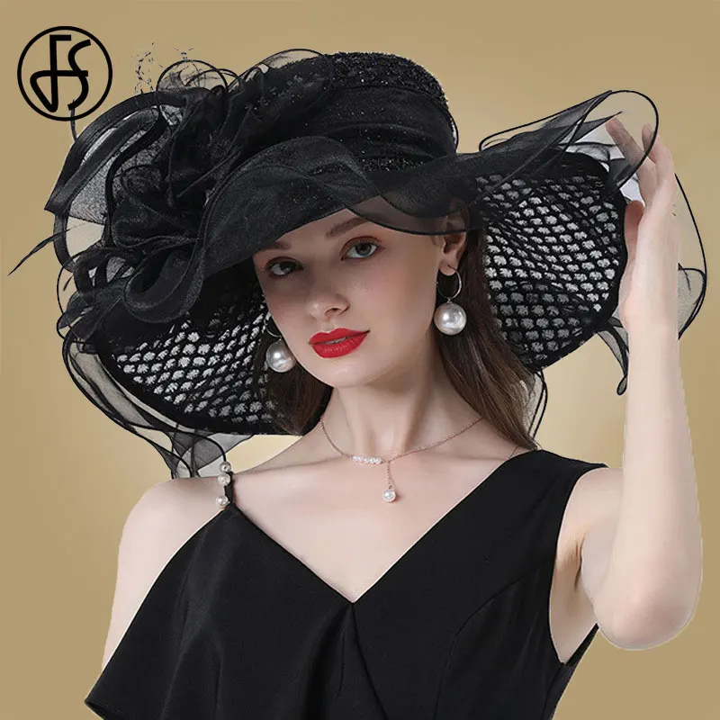 Damskie czapki z organzy panna młoda fascynatory eleganckie duże Fedora z szerokim rondem Kentucky Derby kapelusze imprezowe formalne damski kapelusz kościelne