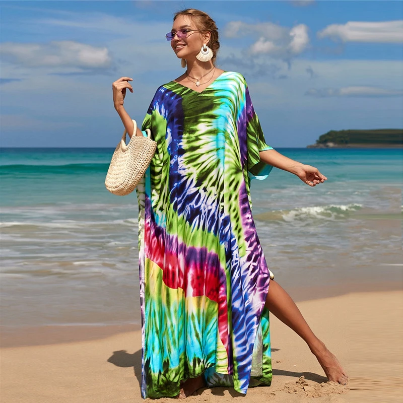 2022 New Design Kaftan Tie Dye Spiral Print Wild Women Maxi Dress Tropical Morocco Exquisite Holiday Beach Pool Resortwear Tunic