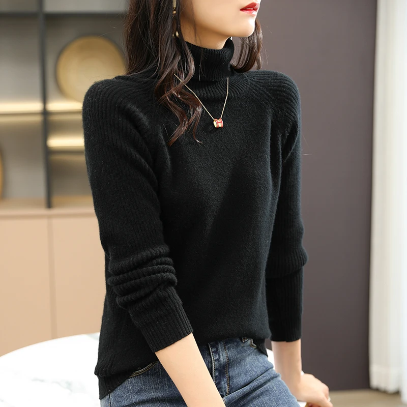 LONGMING Women Turtleneck Sweater 100% Merino Wool Knit Pullover Autumn Knitwear Jumpers Female Sweaters Knit Top Long Sleeve