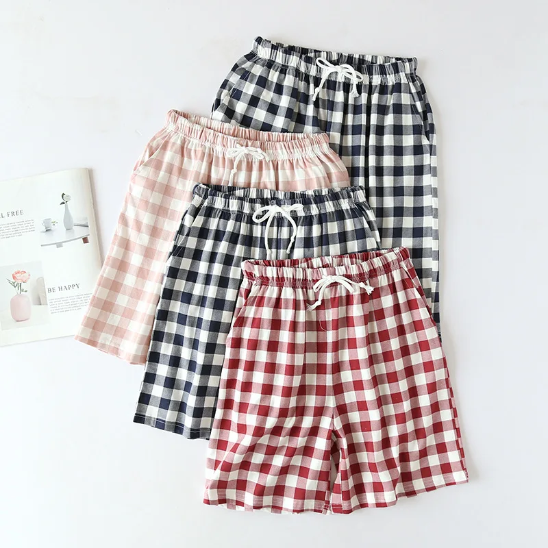 Manufacturer Directly Sells Lovers' Summer 100% Cotton Plaid Home Pants Elastic Waist Sleep Bottoms Women and Men Pajama Shorts