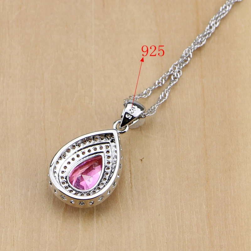 Natural Water Drop Pink CZ 925 Sterling Silver Jewelry Sets For Women Wedding Earrings/Pendant/Necklace/Rings/Bracelet