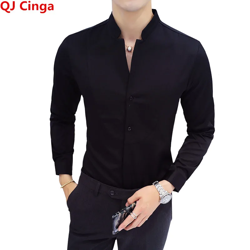 

Black Male spring long sleeve shirts Men's, High quality Stand collar pure Small Stretch Business shirts, Camisa Male Chemise