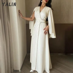 Customized Arabic Satin Moroccan Evening Dresses Cape Sleeve Beaded Long Formal Dress Dubai V Neck Robes De Soirée Customer Made