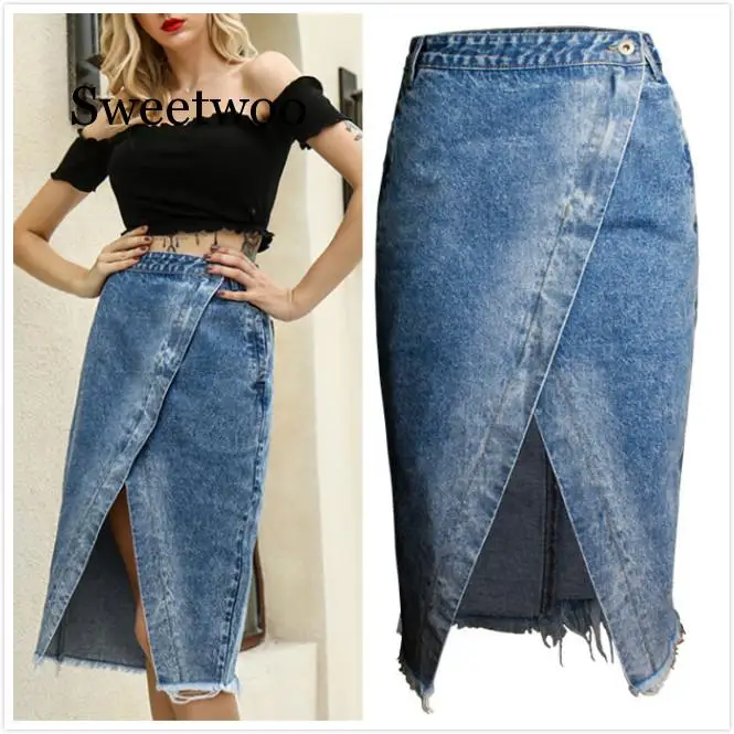 

Overlapping Irregular Tassel Denim Skirts Women Summer High Street Blue Jeans