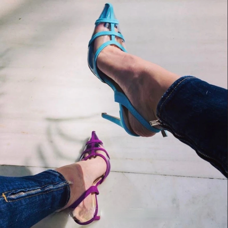 2021 European and American Pointed Low-Cut High Heels Transparent Cutout Middle Heel Fine Heel Pumps Woman Sandals