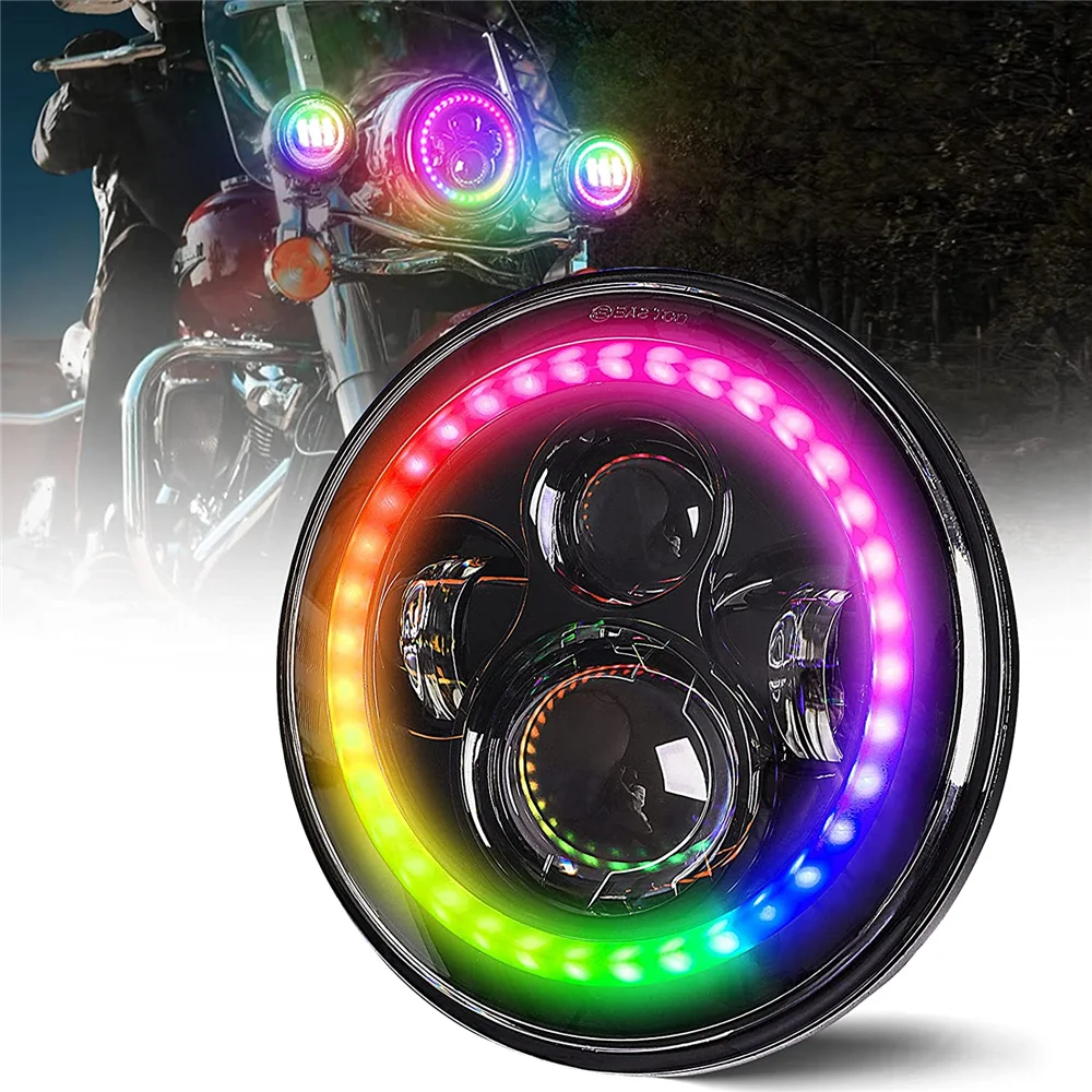 Halo 7 pollici Round Led Headlight RGB Bluetooth App controllato 7 \'\'per Harley Davidson Touring Fat Boy Jeep Wrangler JK LJ CJ TJ